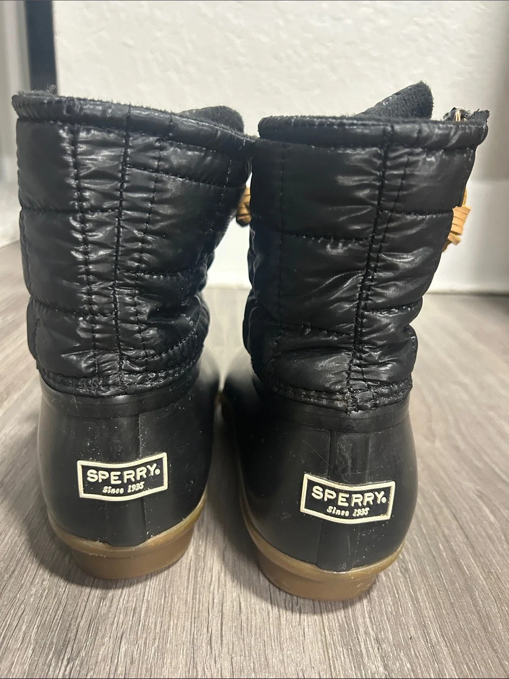 Sperry Black Waterproof Duck Boots with Tan Laces